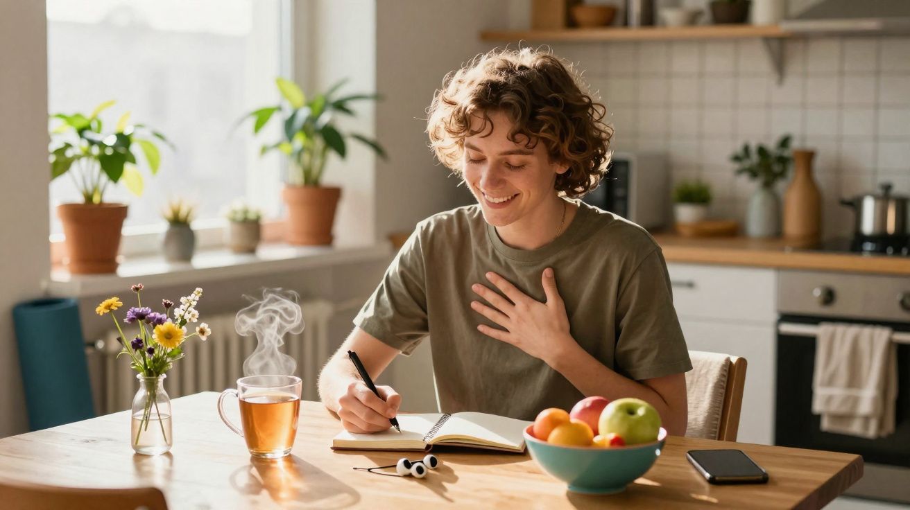Pessoa sorridente a escrever num caderno à mesa da cozinha com chá quente, frutas e flores.