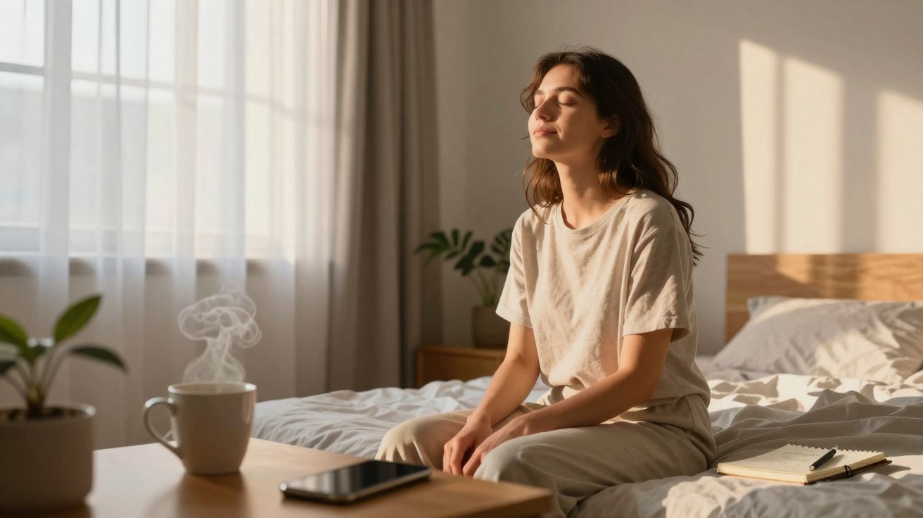 Mulher sentada na cama com olhos fechados, banhada pela luz do sol da manhã numa divisão acolhedora.