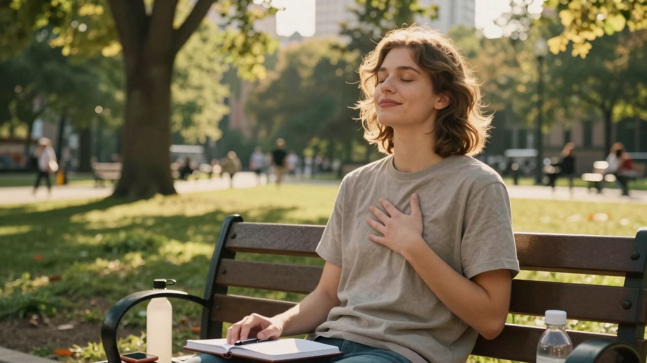 Jovem sentada num banco de parque, olhos fechados e mão no peito, a relaxar ao sol com livro aberto ao lado.