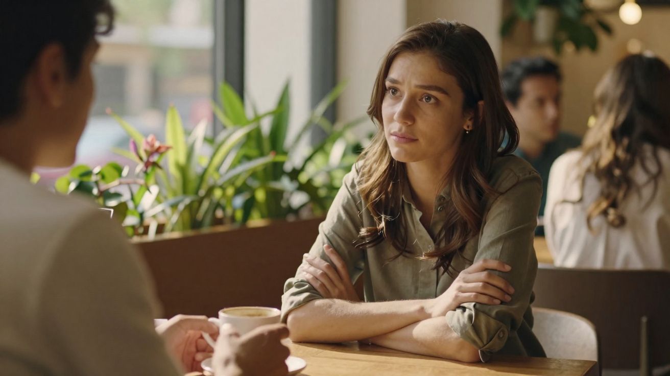 Mulher com expressão séria e braços cruzados numa conversa num café iluminado por luz natural.