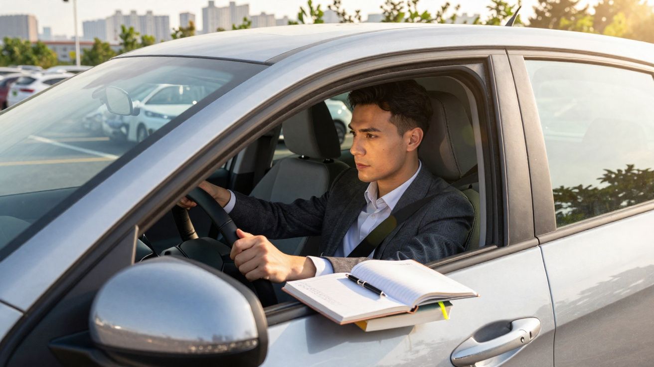 Homem de fato conduz carro estacionado num parque de estacionamento com livro aberto no banco do lado.