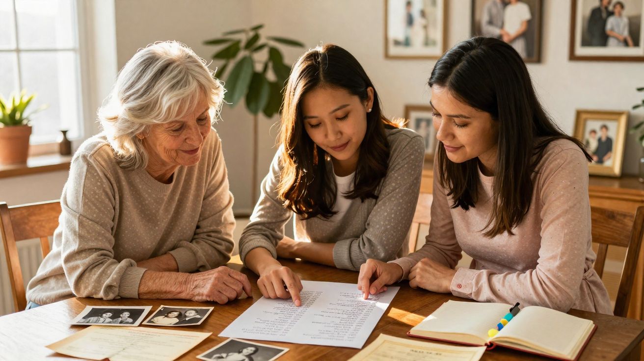 Três mulheres de diferentes idades reunidas à mesa a ver documentos e fotografias antigas.