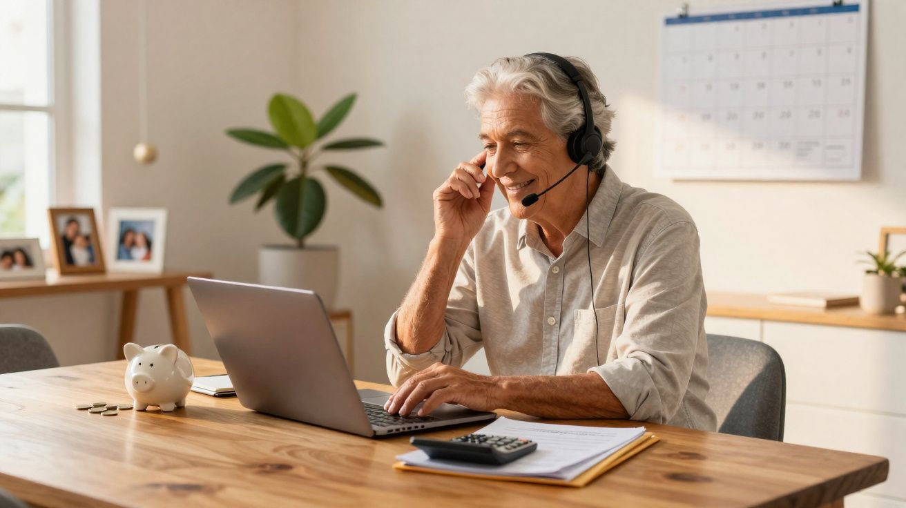 Homem sénior a usar headset a trabalhar no computador num escritório com calendário e mealheiro.