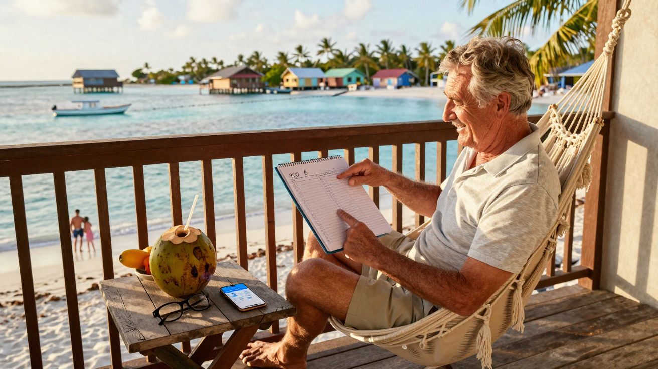 Homem sénior sentado em rede na varanda de uma casa de praia, com caderno e vista para o mar e palafitas.