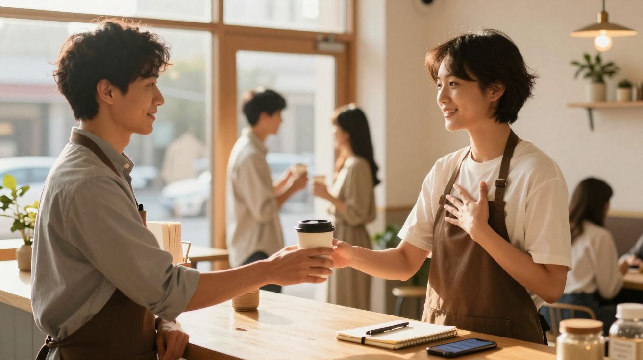 Funcionária de café entrega bebida a cliente jovem num ambiente luminoso e acolhedor.