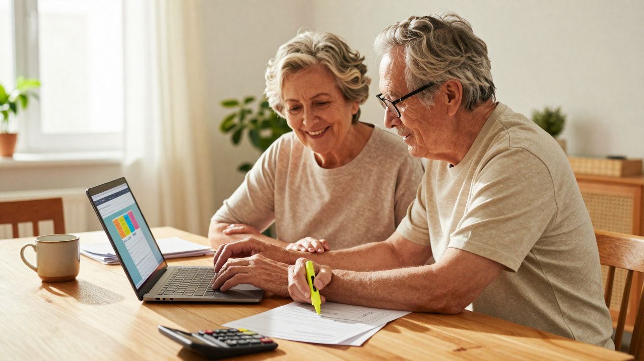 Casal sénior a analisar documentos e a usar computador portátil numa mesa de madeira iluminada pela janela.