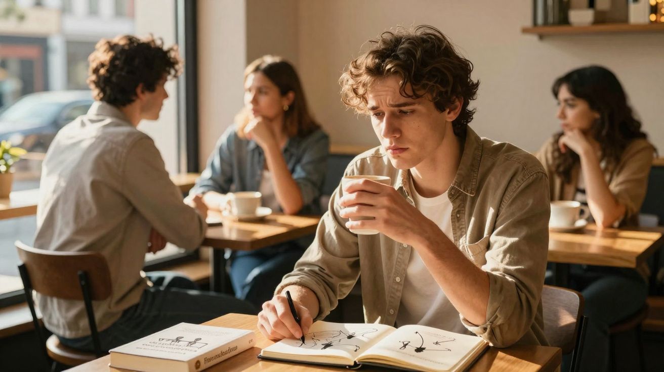 Jovem sentado numa cafetaria a desenhar num caderno enquanto segura uma chávena de café.