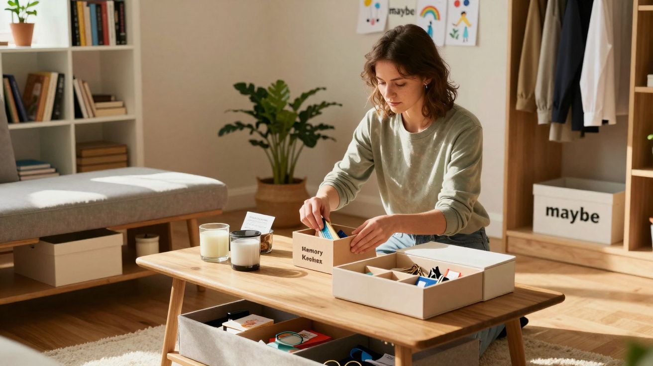 Mulher sentada no chão a organizar um jogo de memória numa sala luminosa e acolhedora.