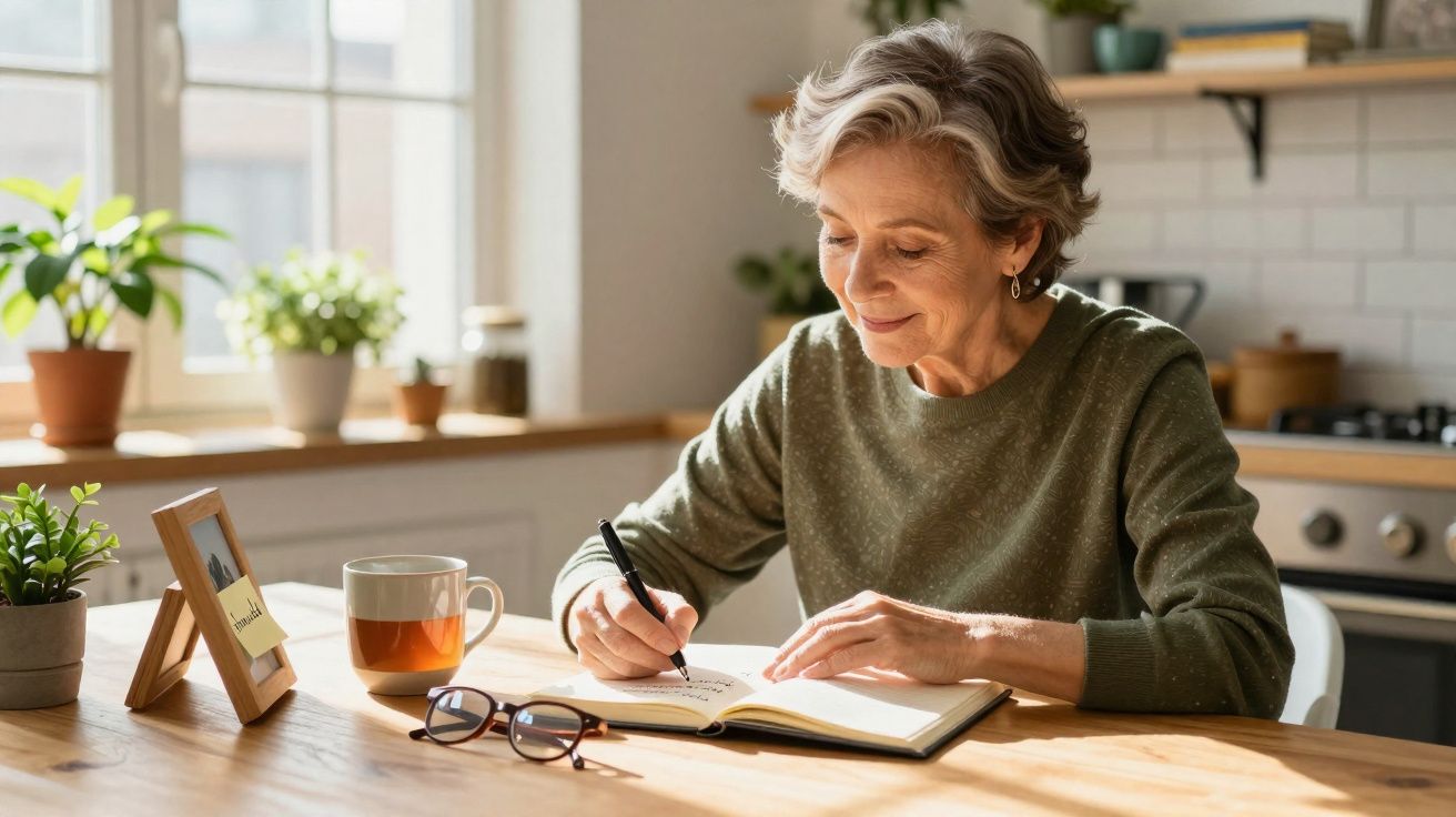 Mulher adulta a escrever num caderno sentada numa mesa com chá e plantas numa cozinha iluminada.