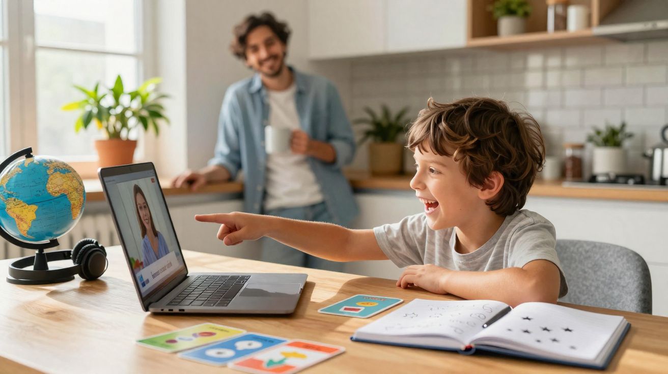 Criança a fazer aula online no portátil, pai a observar sorridente na cozinha moderna.