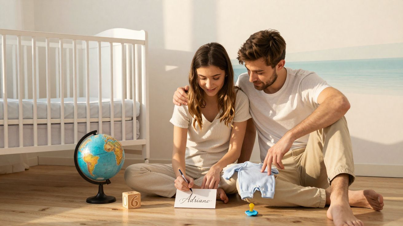 Casal jovem anuncia nome de bebé num quarto com berço, globo, bloco e chupeta no chão.