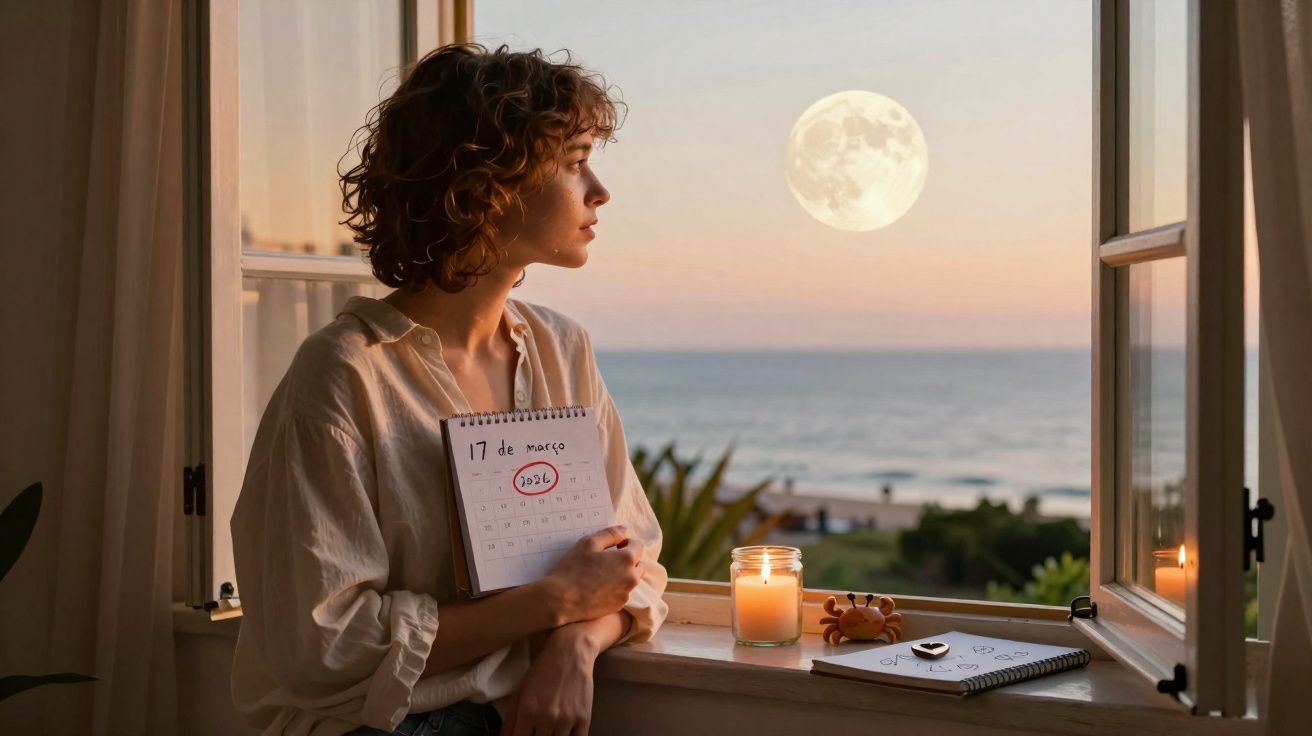 Mulher a olhar pela janela aberta ao pôr do sol, segurando calendário com data marcada de 17 de março.