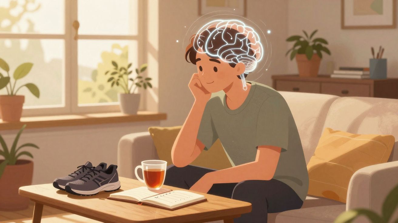 Jovem sentado no sofá, com cérebro iluminado, a olhar para um livro aberto e chá numa sala acolhedora.
