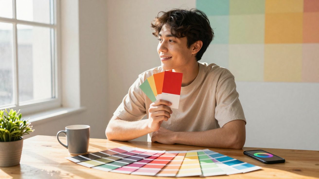 Homem jovem sentado à mesa segurando amostras de cor, com várias paletas coloridas espalhadas.