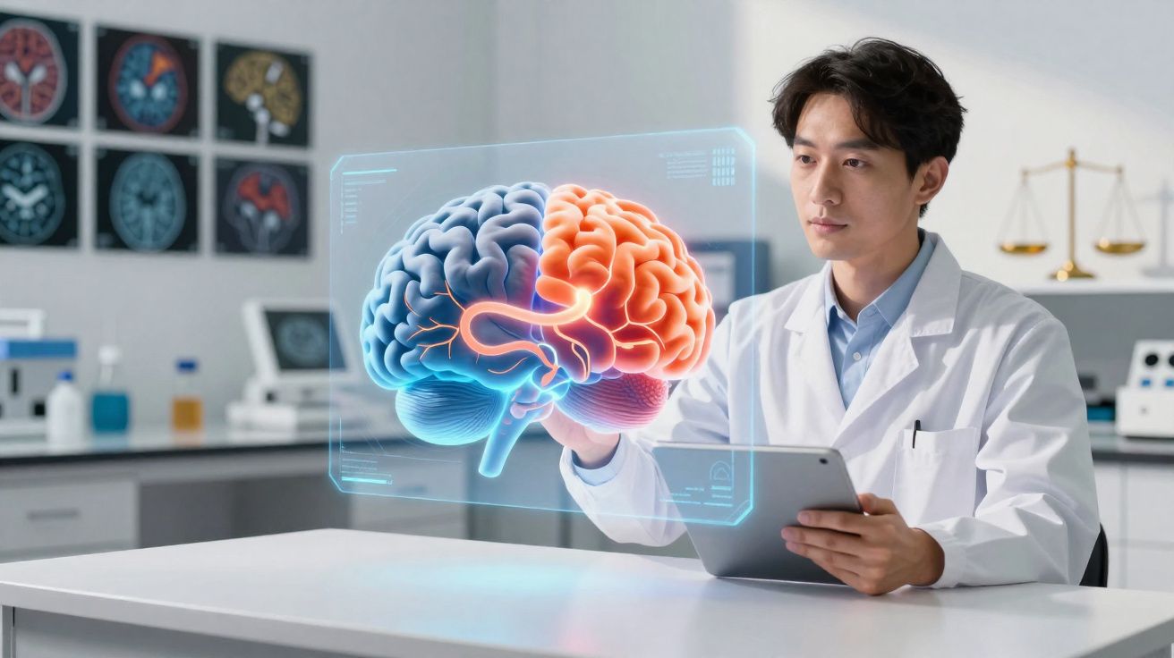 Homem de bata branca analisa holograma colorido do cérebro humano num laboratório moderno.