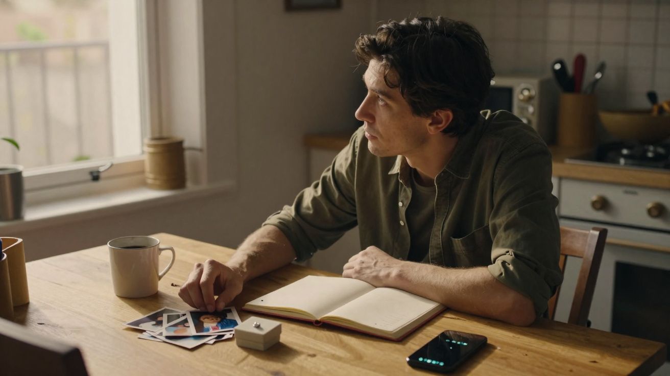 Homem sentado à mesa, olhando pela janela, com fotos, caderno, anel e telemóvel à sua frente.
