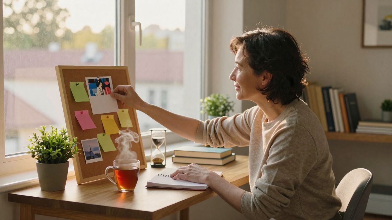 Pessoa a organizar notas num quadro de cortiça perto de uma janela, com chá a fumegar na mesa.
