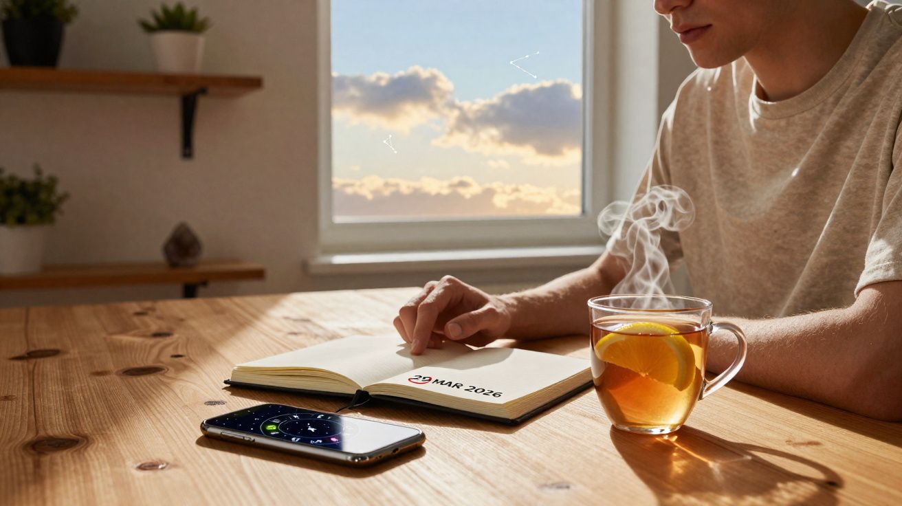 Pessoa escrevendo numa agenda aberta, chá fumegante com limão e telemóvel numa mesa de madeira.