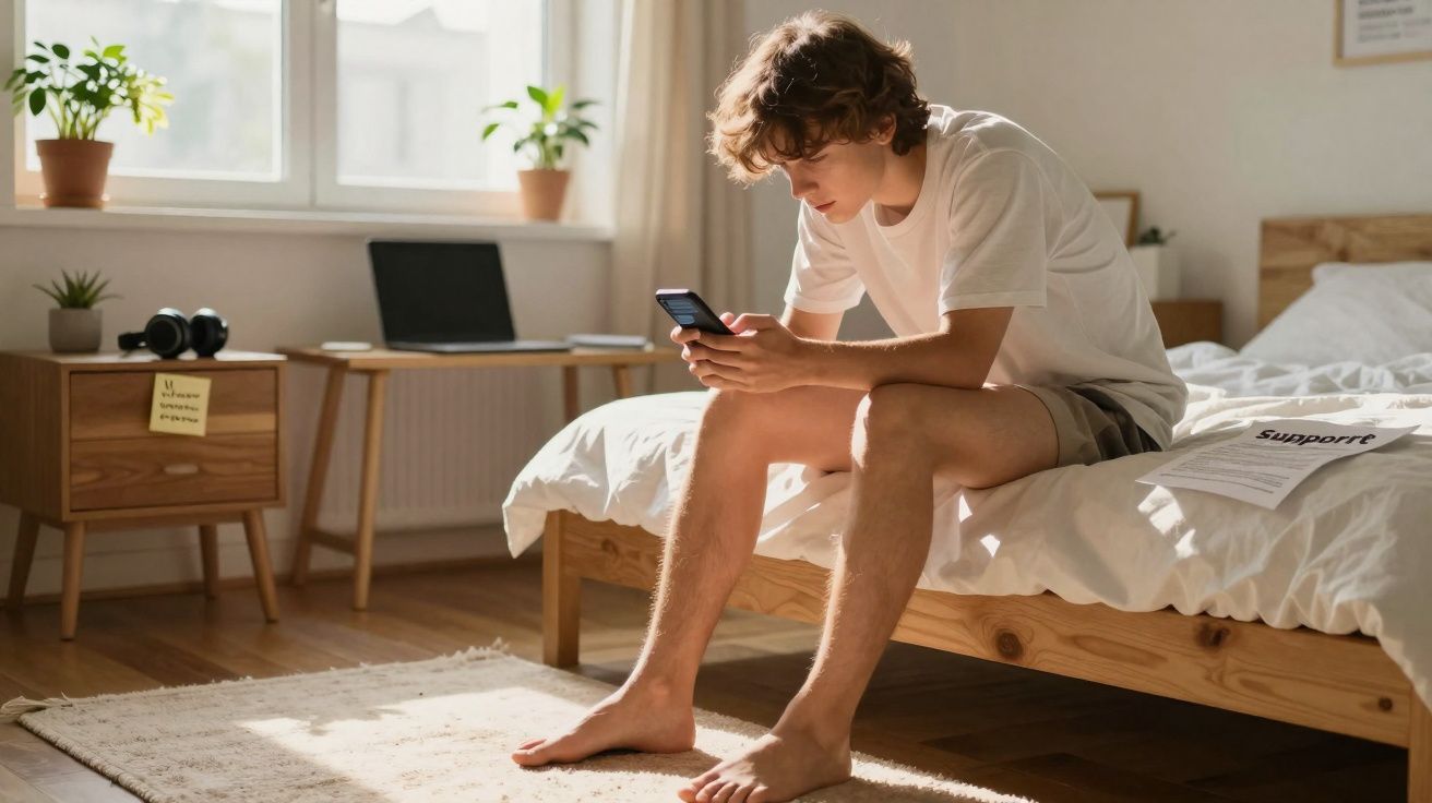 Jovem sentado na cama, olhando para o telemóvel num quarto iluminado e arrumado com plantas e laptop.