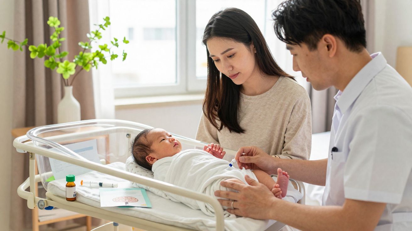 Bebé no berço de hospital com mãe e médico que lhe dão uma vacina no braço.