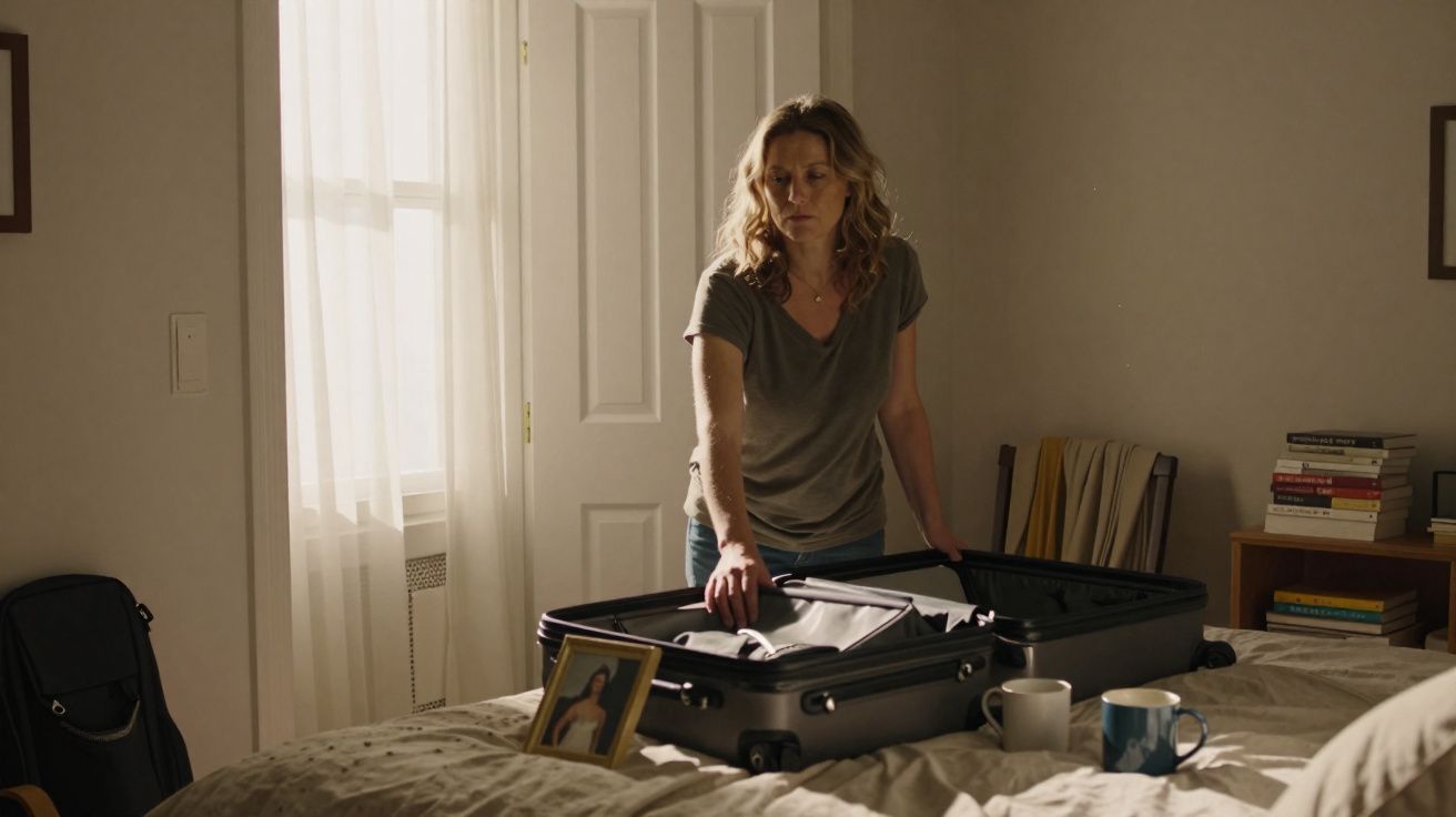 Mulher loira, com camiseta cinza, a arrumar mala num quarto com luz suave a entrar pela janela.