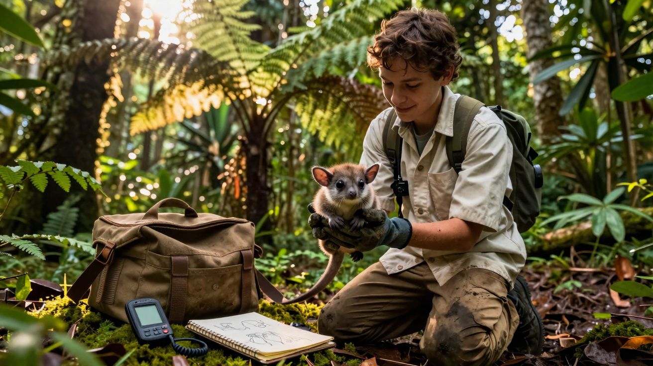 Rapaz numa floresta com mochila e material observa e segura um pequeno animal nativo.
