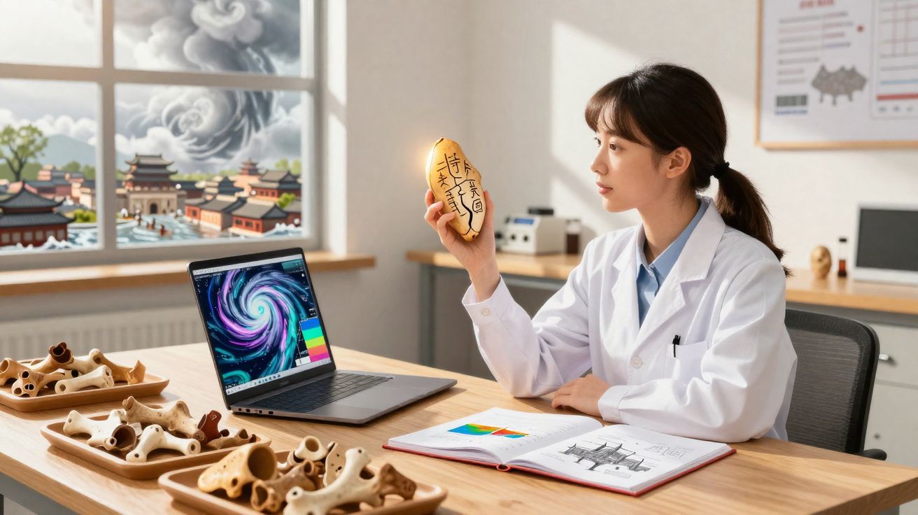 Mulher com bata branca estuda artefato arqueológico numa sala com notas e computador aberto.