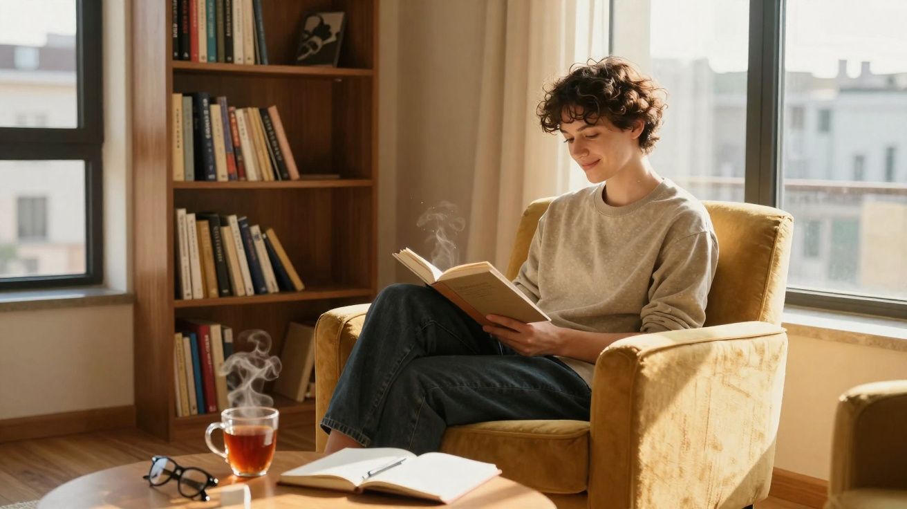 Pessoa sentada numa poltrona a ler livro, com chá quente e caderno numa mesa junto à janela.