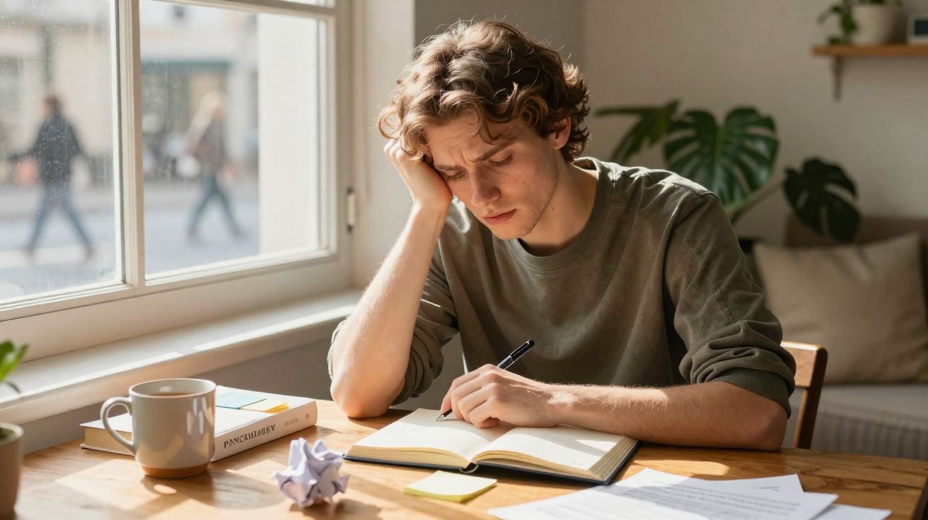 Jovem preocupado a estudar numa mesa com caderno aberto, caneca e folhas espalhadas junto a uma janela.