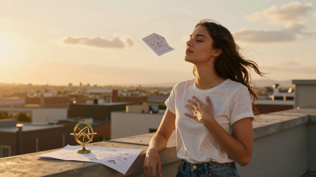 Mulher de olhos fechados no terraço ao pôr do sol com desenhos e instrumentos astronómicos à sua frente.