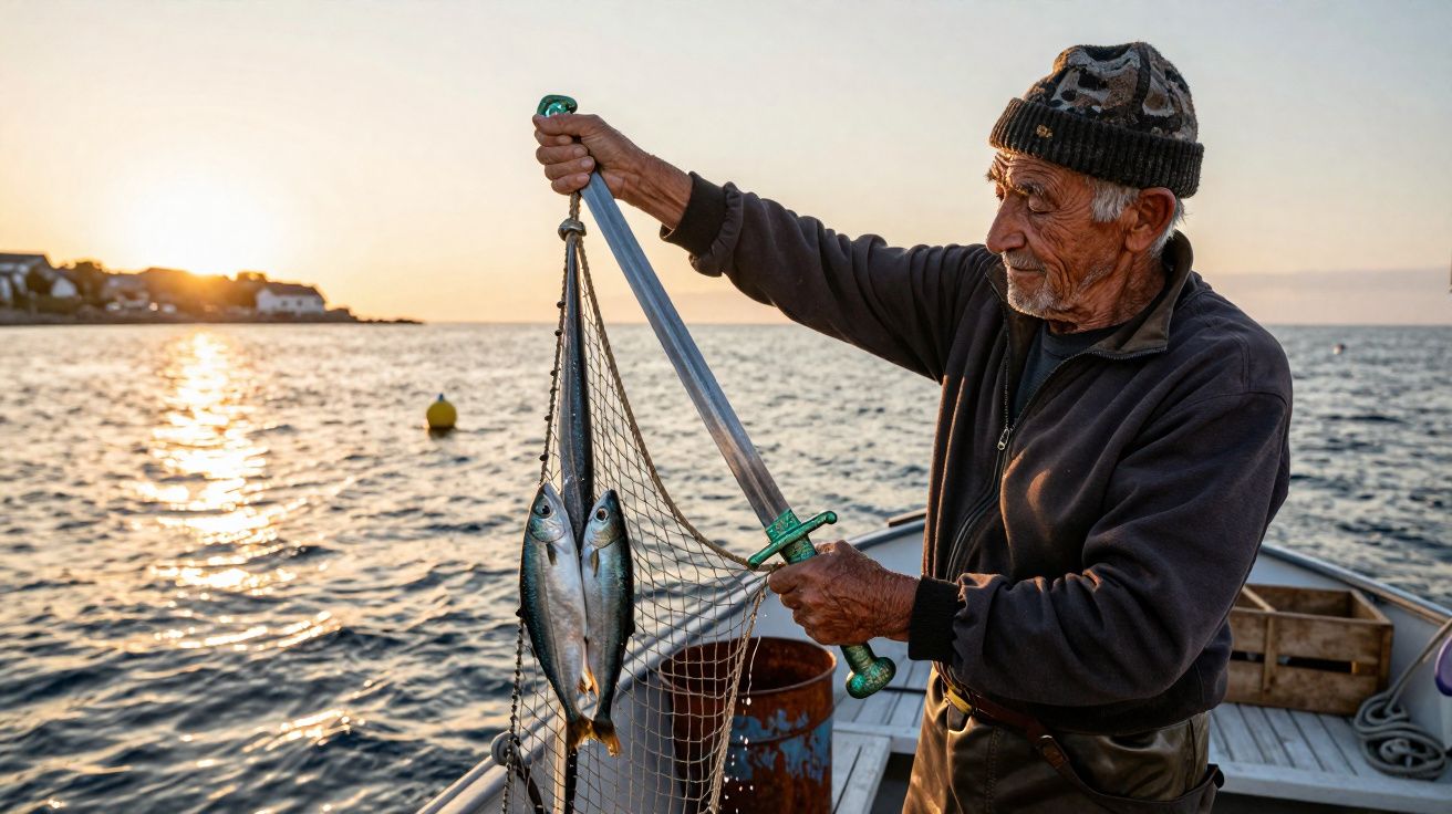 Pescador idoso em barco segura rede com dois peixes ao pôr do sol no mar calmo.
