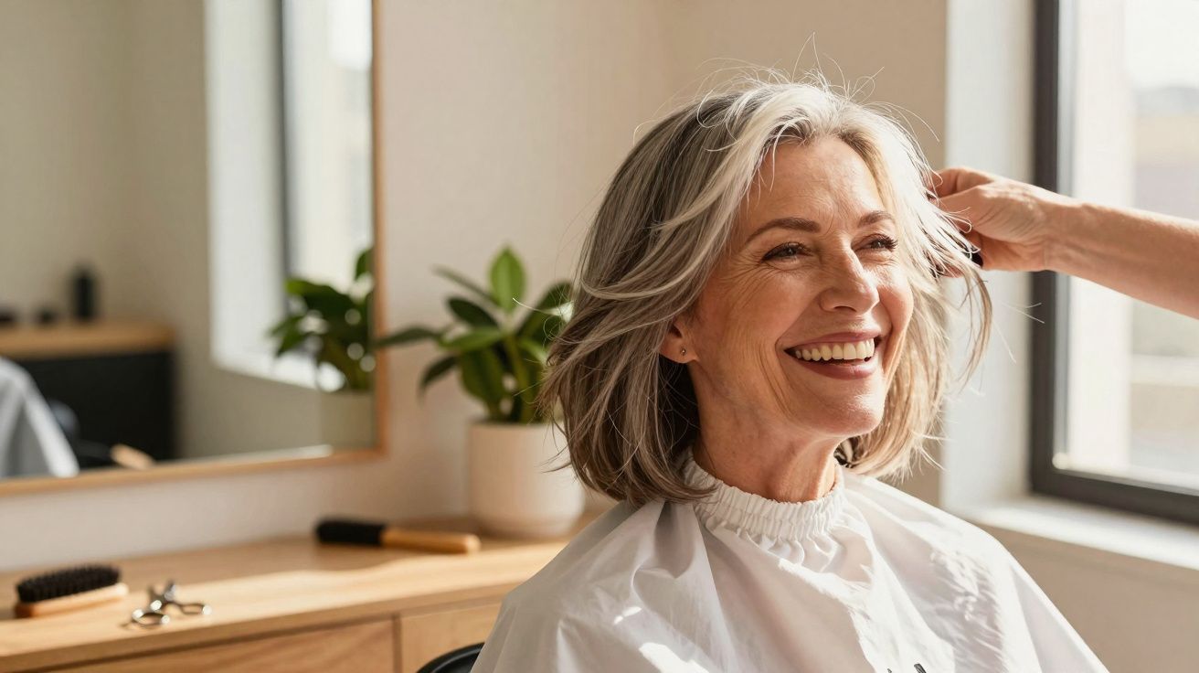 Mulher sorridente com cabelo grisalho a ser penteada num salão de cabeleireiro iluminado.