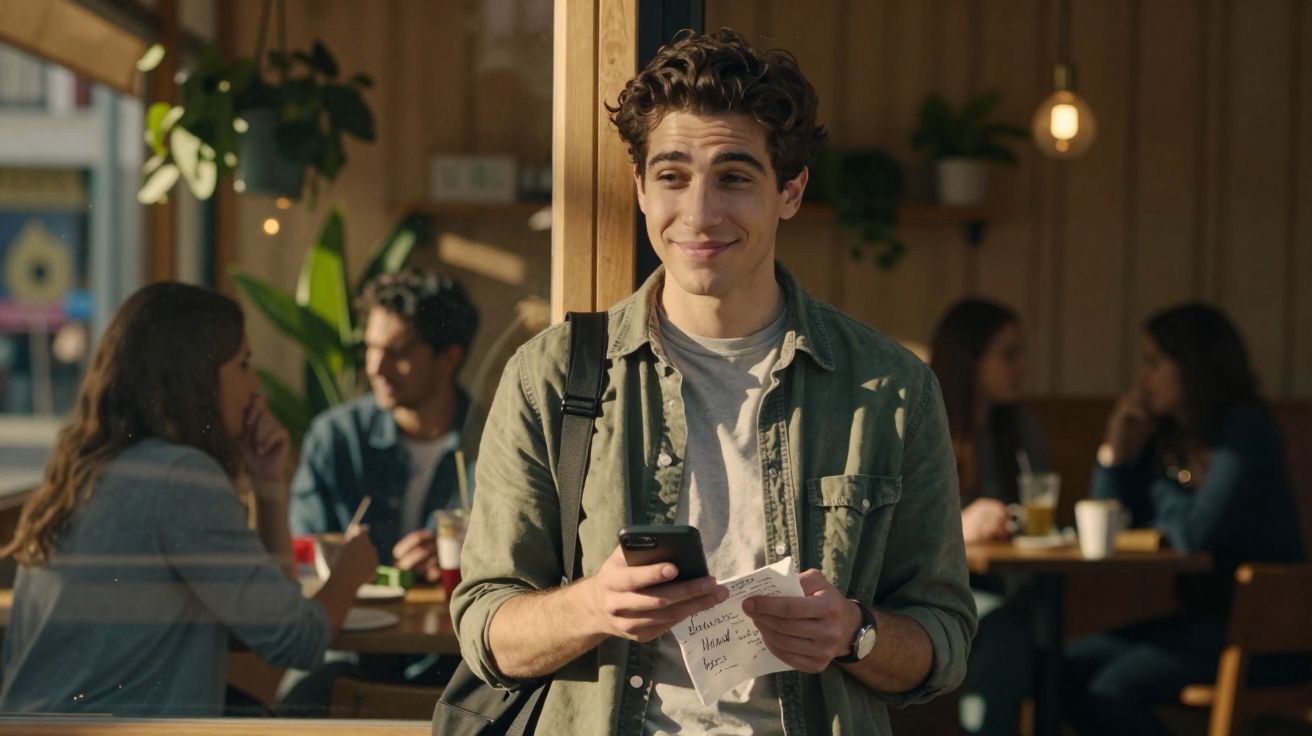 Jovem a sorrir segurando um telemóvel e um papel, em frente a uma cafetaria com pessoas ao fundo.