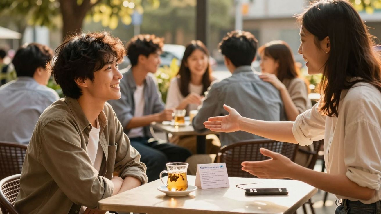 Jovens conversam animadamente numa esplanada ao ar livre em dia soalheiro, com chá sobre a mesa.