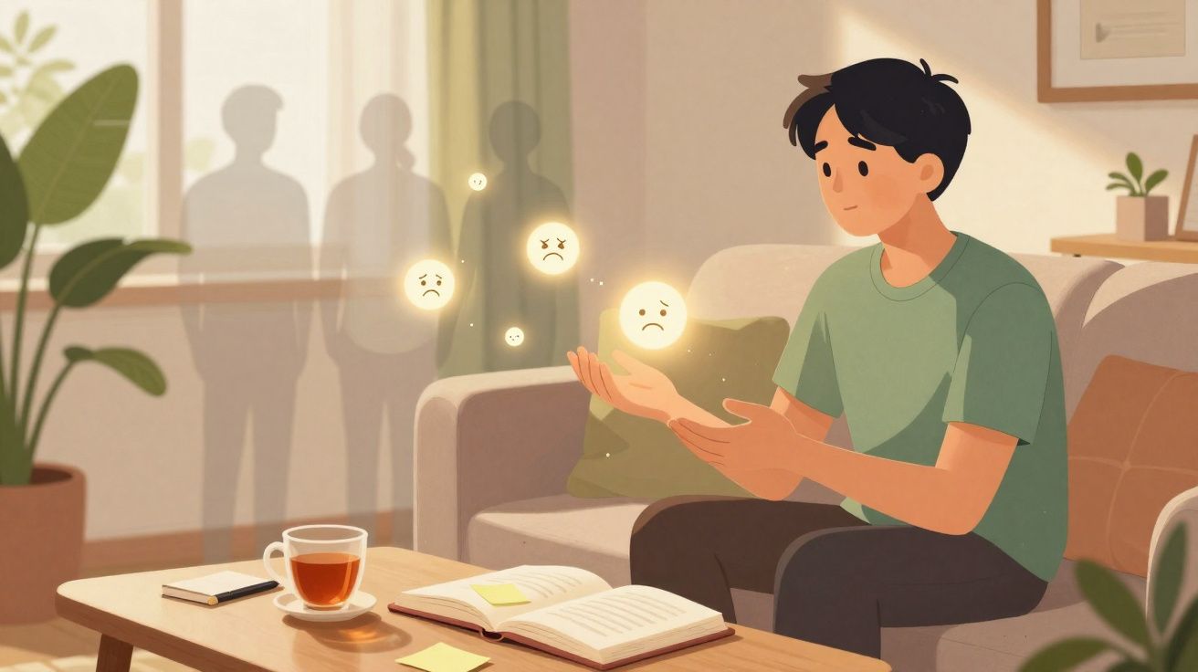 Jovem sentado no sofá a contemplar emoções negativas representadas por faces tristes e sombras ao fundo.