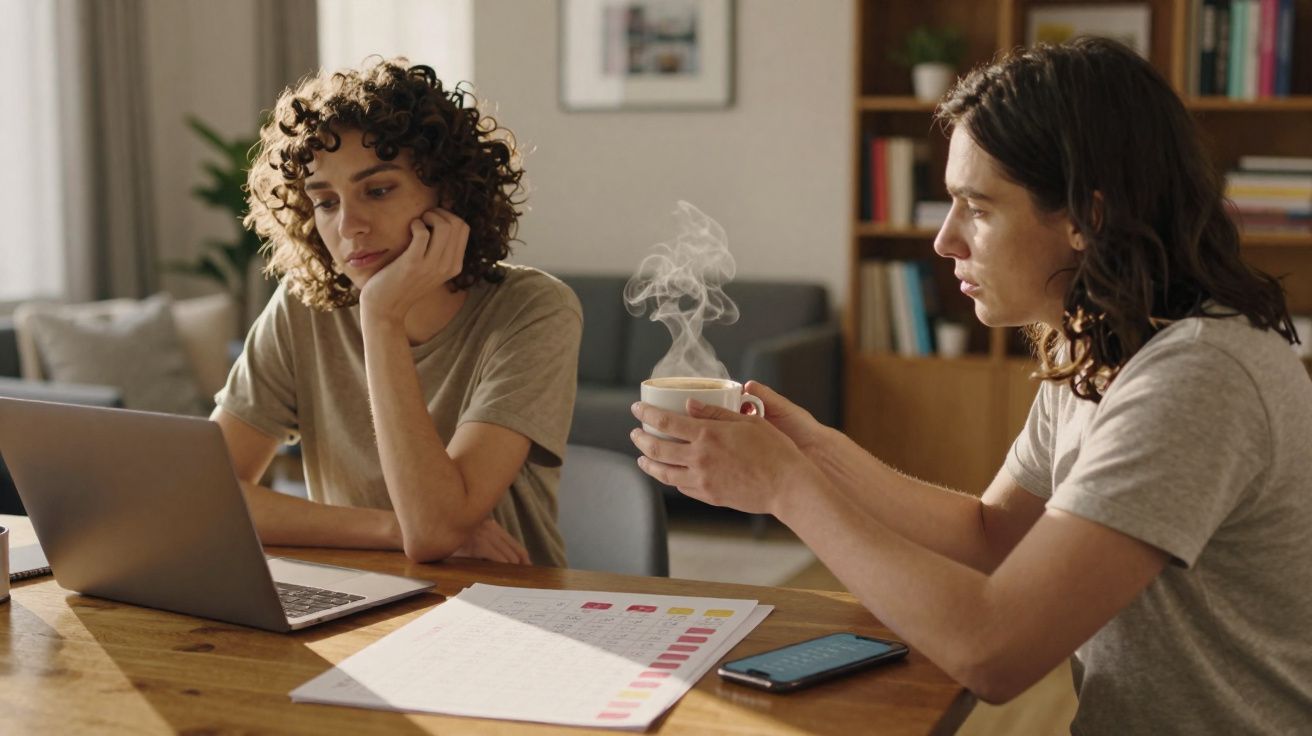 Duas pessoas sentadas à mesa com laptop, documentos e chá quente, parecem estar em conversa séria.