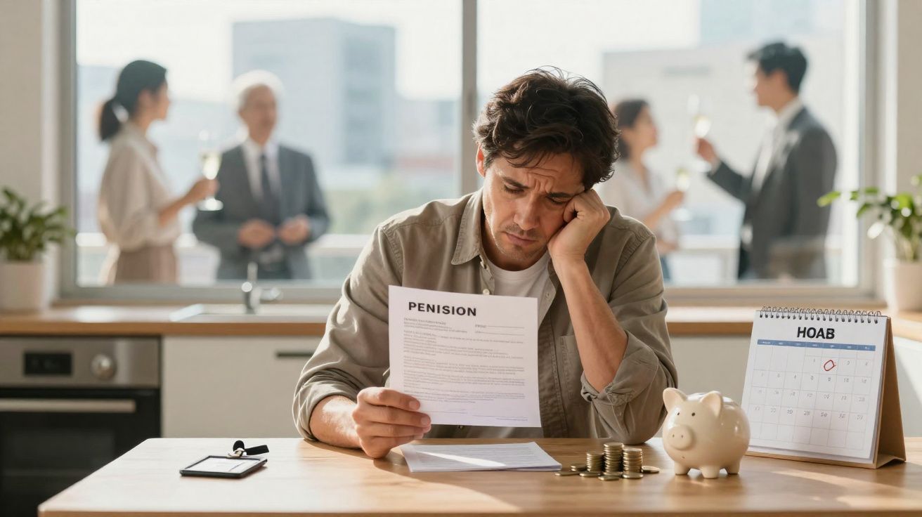 Homem preocupado lê carta sobre pensões sentado à mesa com moedas e mealheiro, enquanto pessoas conversam ao fundo.