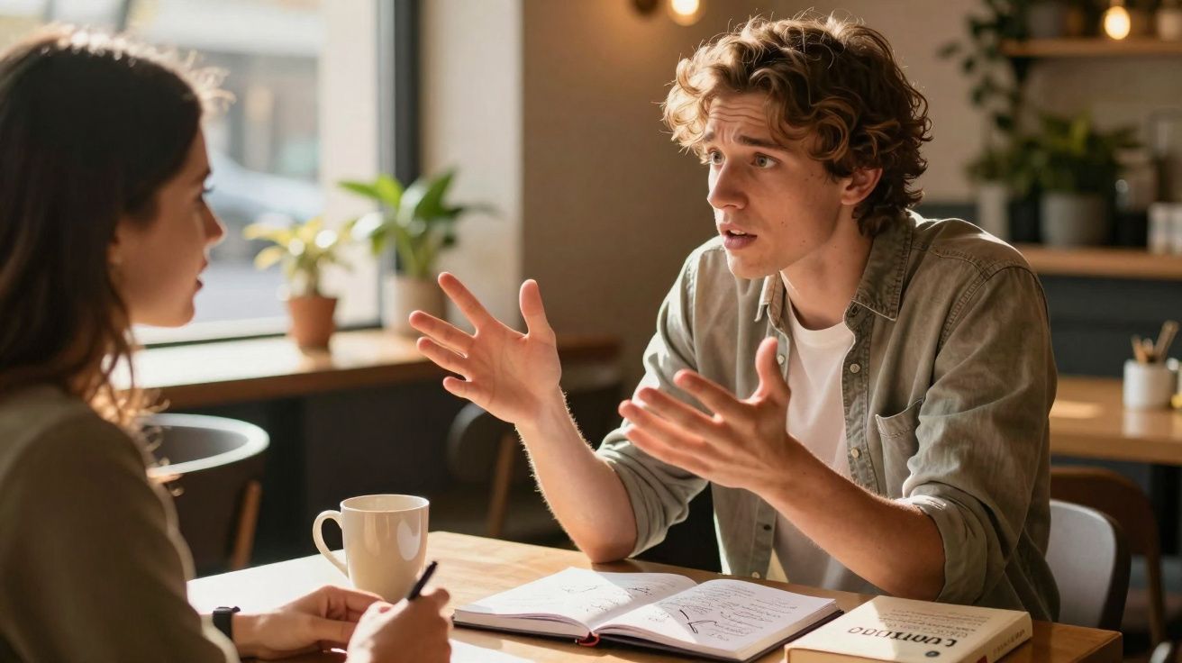 Homem conversa de forma expressiva com mulher sentada à mesa com cadernos e caneca num café iluminado.