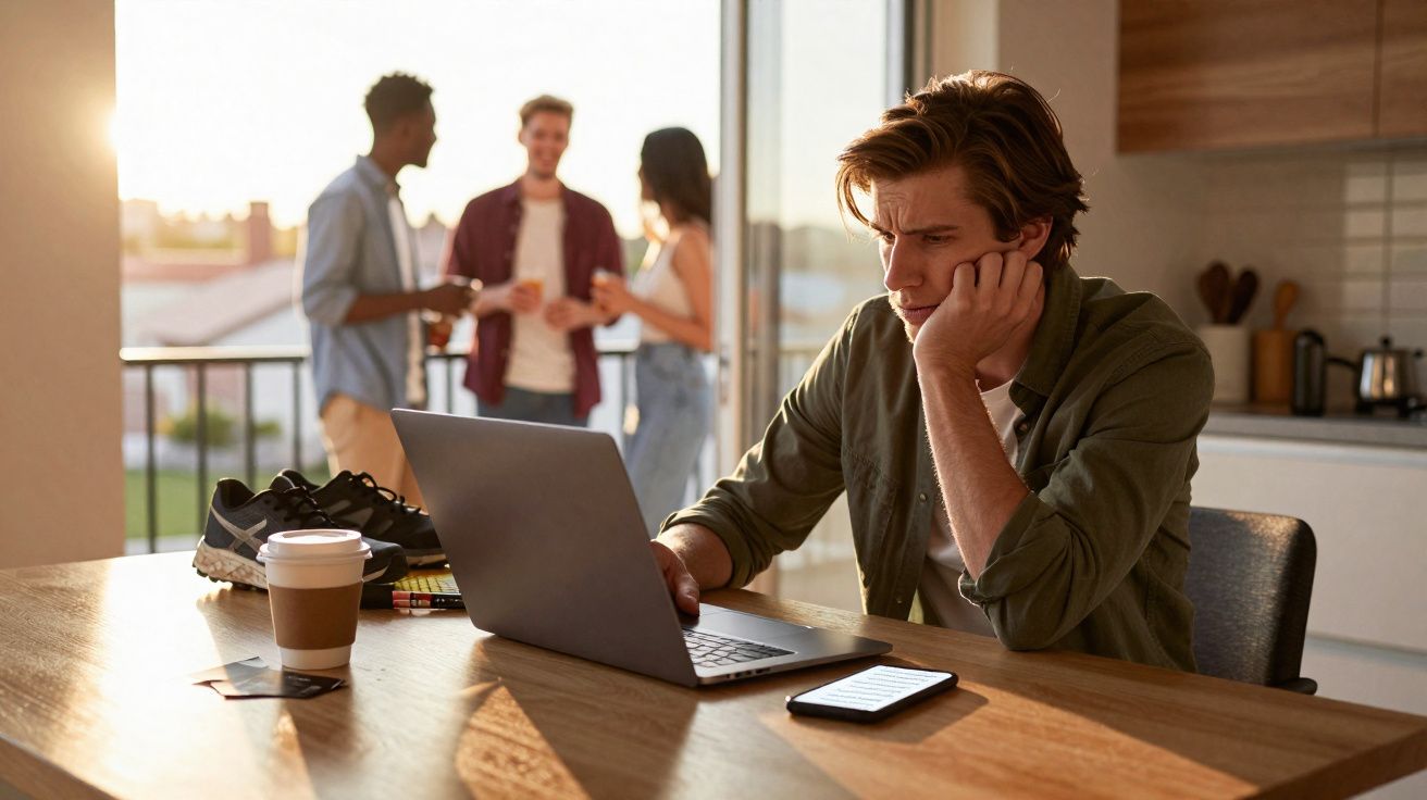 Jovem concentrado a trabalhar no computador numa cozinha, enquanto três pessoas conversam na varanda ao fundo.