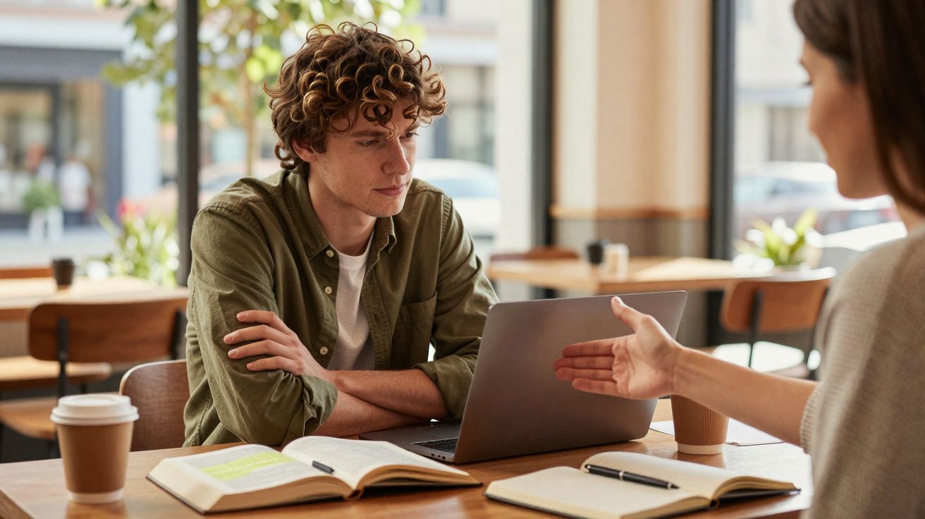 Dois jovens a discutir enquanto trabalham num café, com computador e cadernos na mesa.