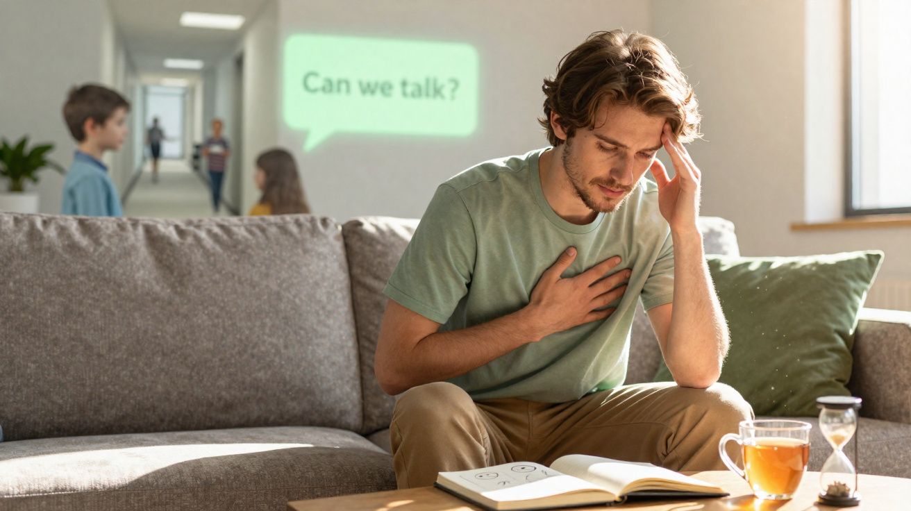 Homem sentado no sofá a segurar o peito, parecendo desconfortável, com balão de texto "Can we talk?" ao fundo.