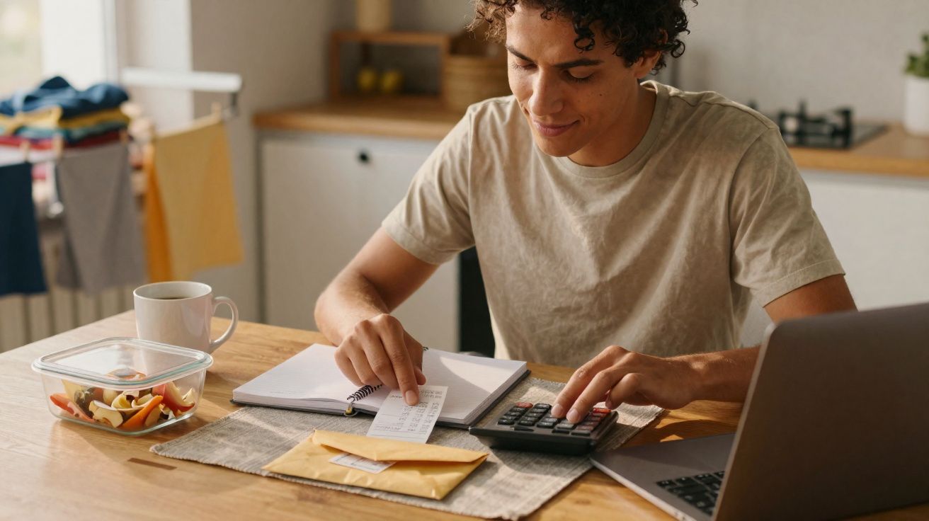Jovem a calcular despesas com calculadora, recibos e caderno numa mesa de cozinha com computador portátil.