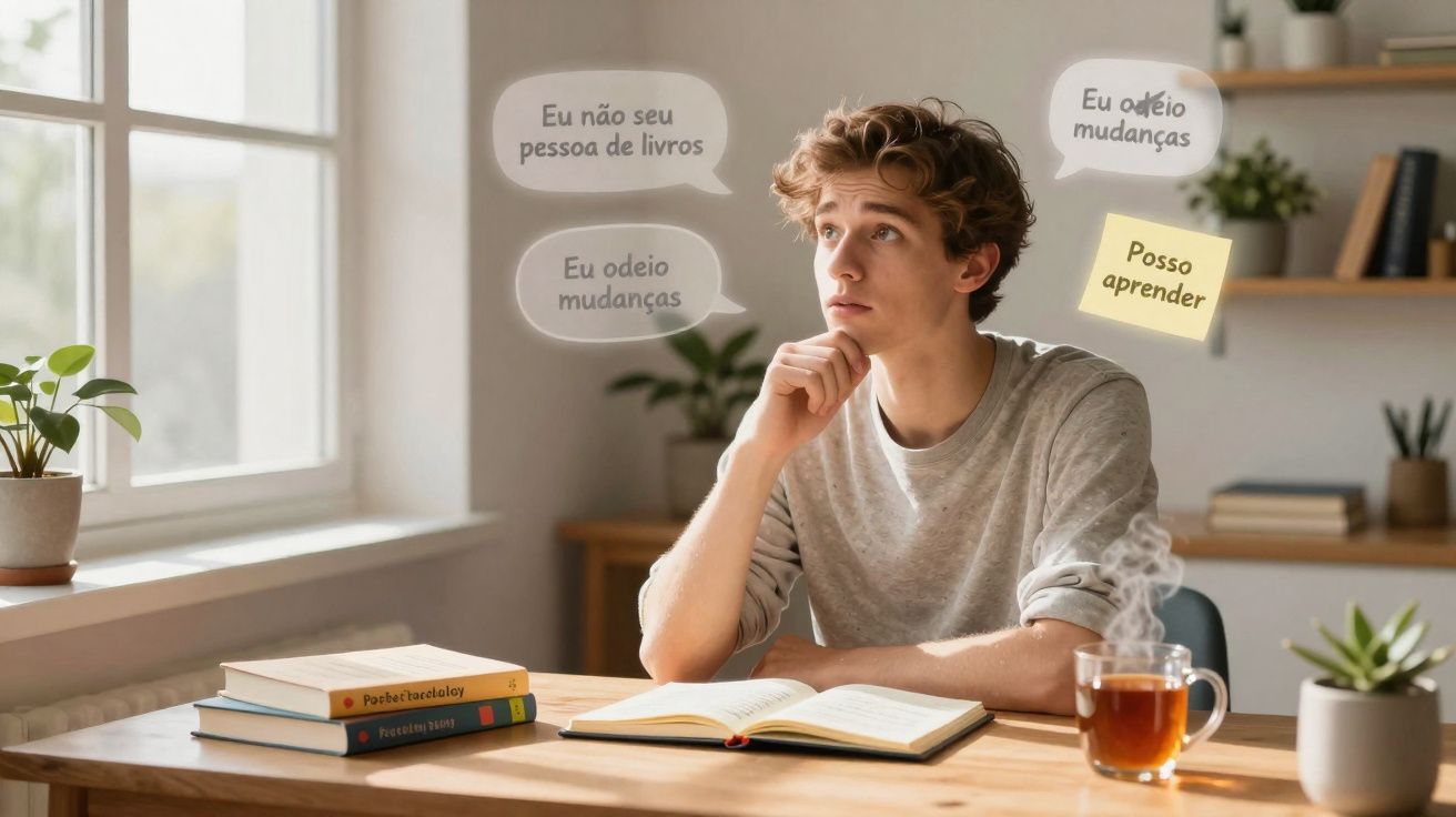 Jovem sentado a estudar com pensamentos sobre livros, mudanças e aprendizagem à sua volta.