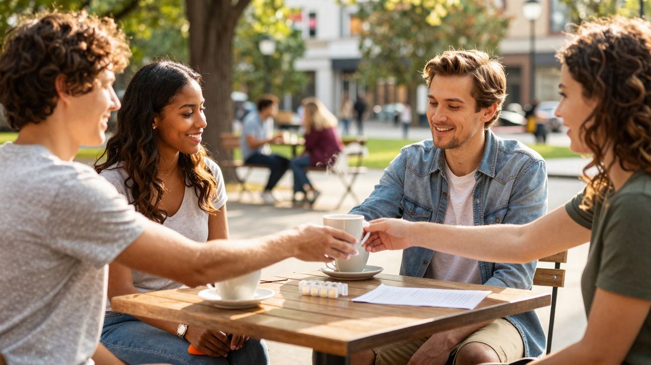 Quatro jovens sentados ao ar livre numa esplanada a brindar com chá, com árvores e edifícios ao fundo.