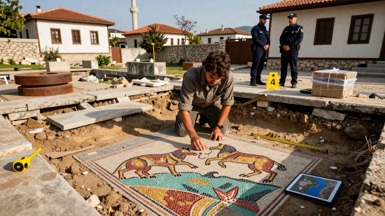 Arqueólogo examina mosaico colorido com figuras de animais durante escavação com policiais ao fundo.