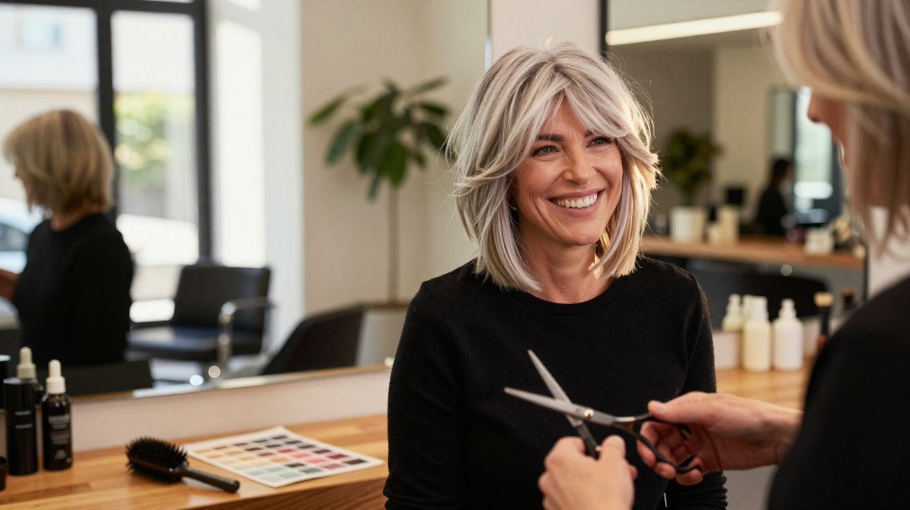 Mulher sorridente com cabelo curto e loiro a ser atendida por cabeleireiro num salão moderno.