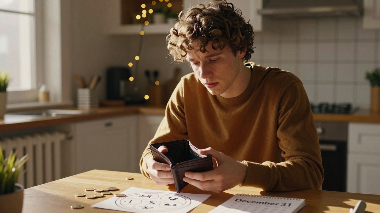 Jovem preocupado a olhar para carteira vazia sentado à mesa com moedas e calendário aberto em 31 de dezembro.