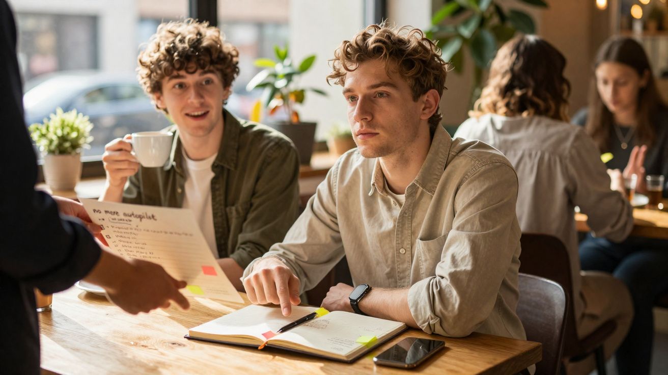 Dois homens jovens sentados numa mesa de café a discutir notas e planos com um grupo ao fundo.