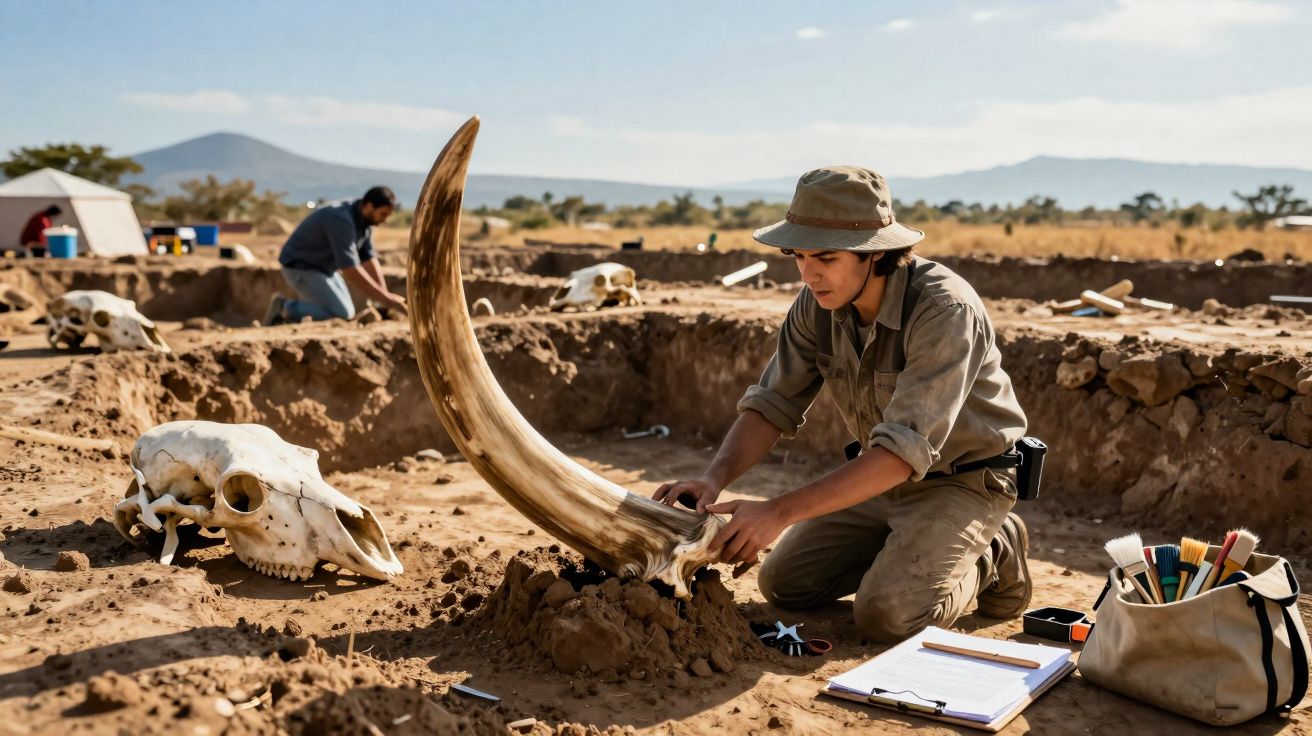 Arqueólogo examina presa gigante numa escavação arqueológica ao ar livre, com crânios e ferramentas à volta.