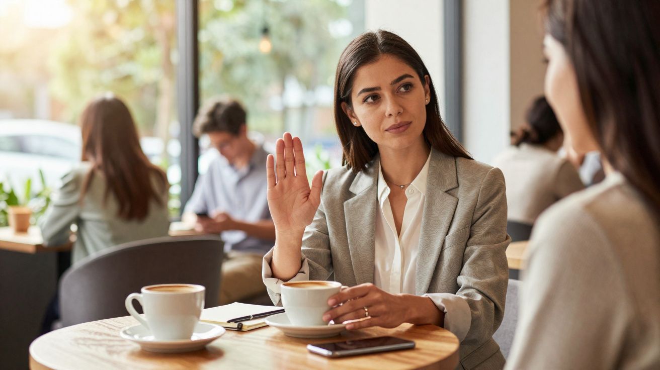 Mulher a levantar a mão numa conversa numa cafetaria com outra pessoa à sua frente.